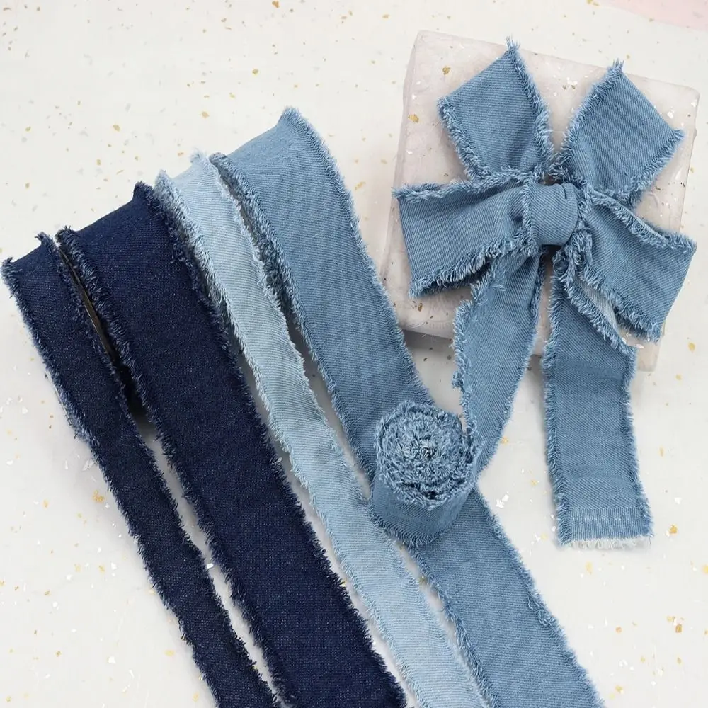 Blue Cowboy Denim Ribbon Solid Color 1.5Yards Jeans Cloth Fabric Hairclip Bows Handmade Fringe Silk Ribbon Gift Wrapping