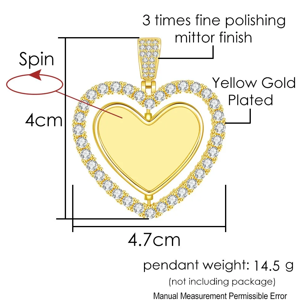 Foto Disesuaikan Kalung Liontin Hati Berongga Putar Dua Sisi Rantai Leher Es Keluar untuk Wanita Pria Hadiah Perhiasan Warna Emas Mewah