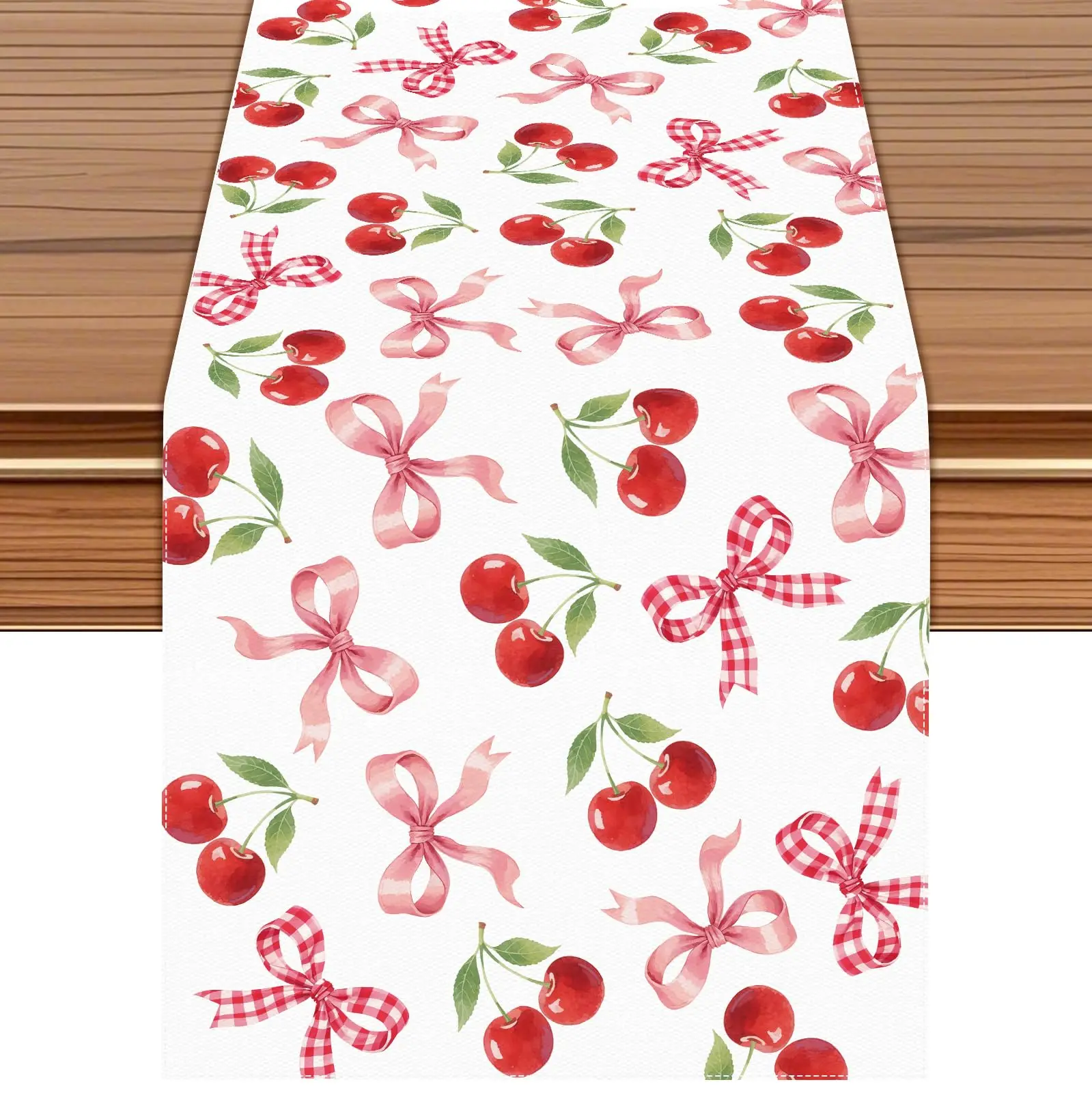 

Cherry Pattern Table Runner | Red & White Design with Bow, Seasonal Kitchen Dining Decor Perfect for Home Party, Wedding
