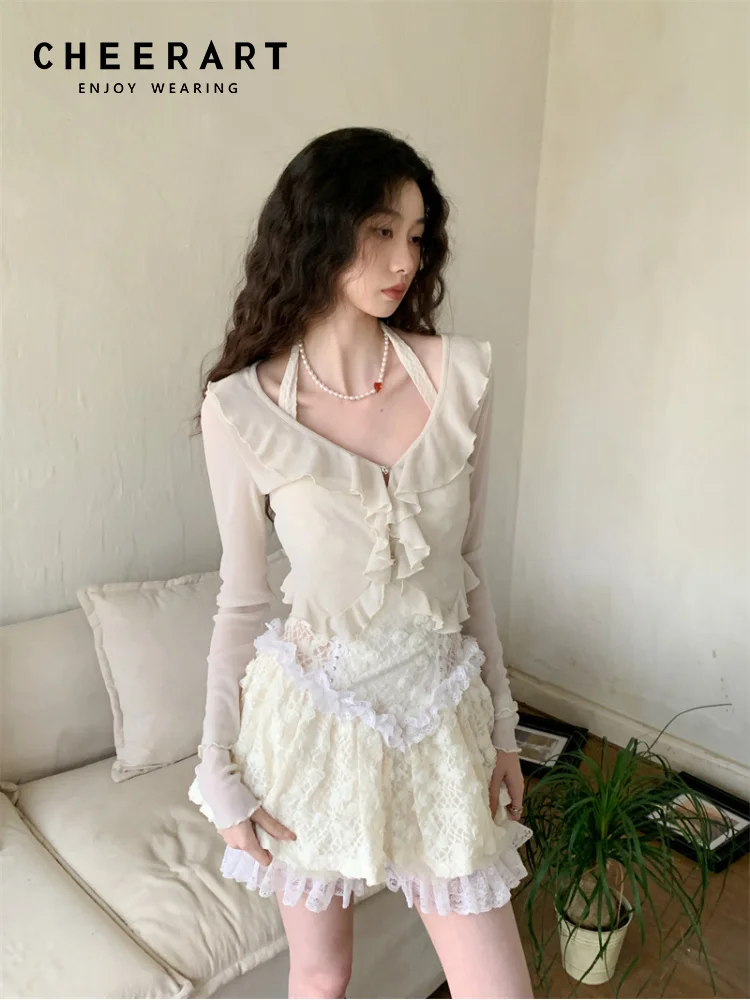 CHEERART Medieval Backless Lace Corset Dress For Women 2023 Summer Elegant Ruffles Short Sexy Mini Halter Dress Designer Clothes