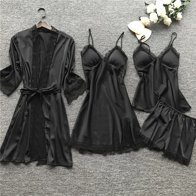 Oulylan 4PCS Women Silk Dress Robe Sleepwear Pajamas Set Lace Nightdress Lingerie Sexy Lingerie Dress with Garter