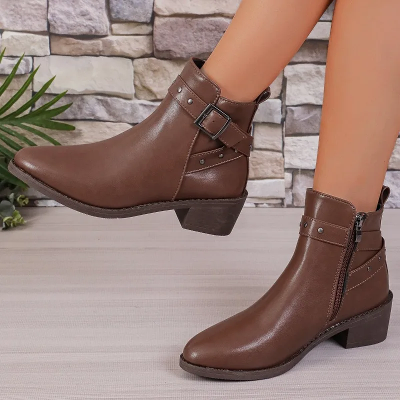 

Универсальные осенне-зимние новые стильные женские модные ботинки с острым носком на толстом каблуке, элегантная простая женская обувь, короткие сапоги