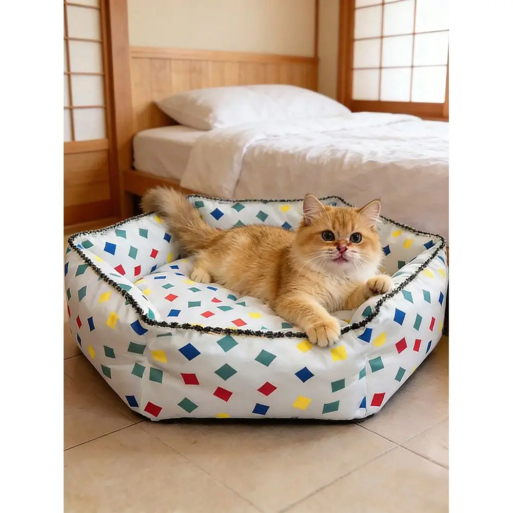 

Vibrant Checkered Print Pet Bed, Plush Hexagon Dog Bed With Woven Edges, Comfortable Cat Nest Suitable For Kittens And Puppies