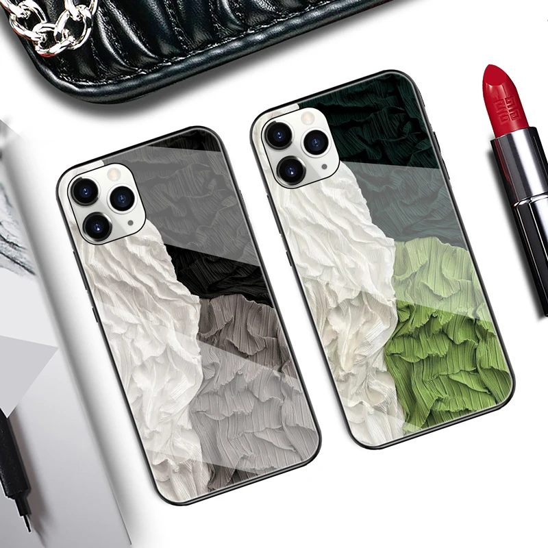 Artistic color Mosaic Tempered Glass phone Case Cover For iPhone 15 14 13 12 mini 11 pro xs Max 7 8 Plus x xr Coque Give Strap