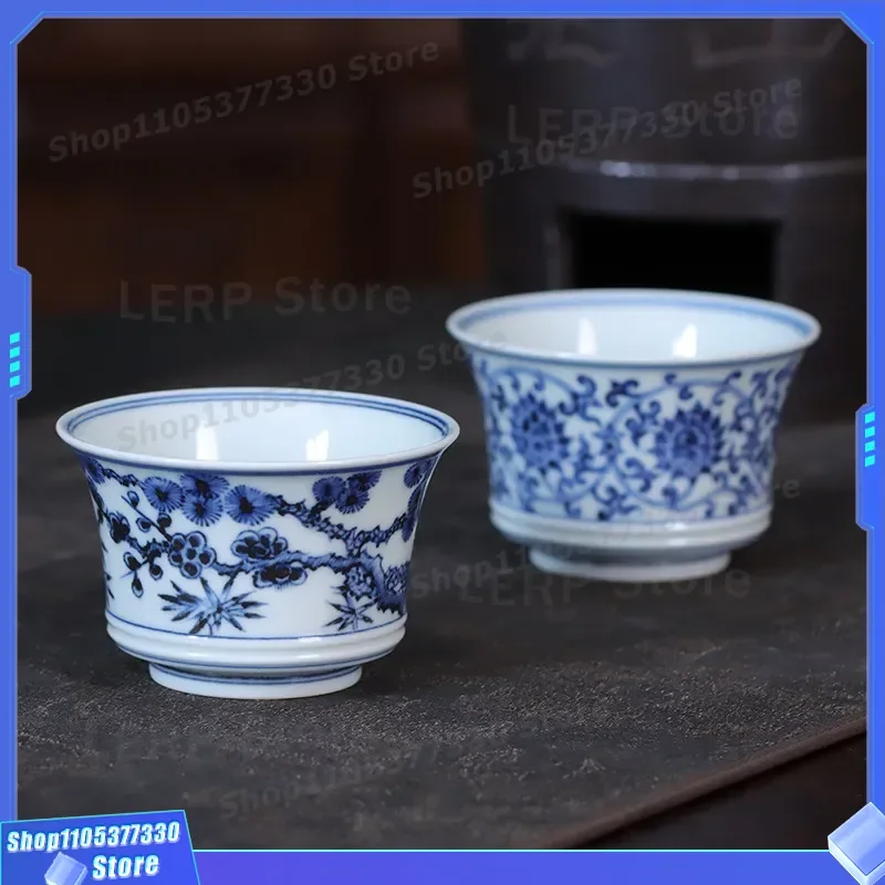 Hand Painted Blue and White Porcelain Twisted Lotus Horseshoe Cup Master Kung Fu Tea Set Underglaze Color Teacup for Drinking