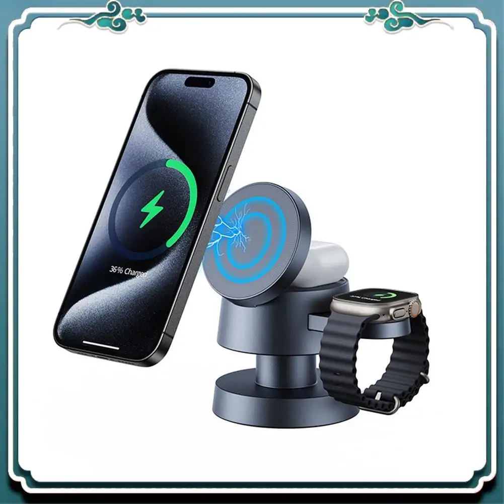 Easy To Use 3 In 1 Foldable Magnetic Wireless Charger Stand For Iphone 15 14 13 Pro/Max For Iwatch 3/2 Fast Charger Hold
