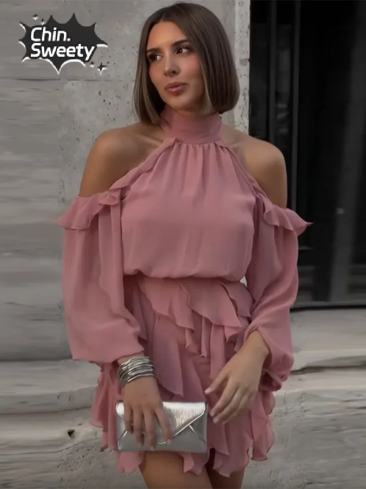 

Pink Ruffle Halter Off Shoulder Long Sleeve Mini Dress Women Sexy Hollow Out Irregular Wrap Waist Short Robe Fashion Vestidos