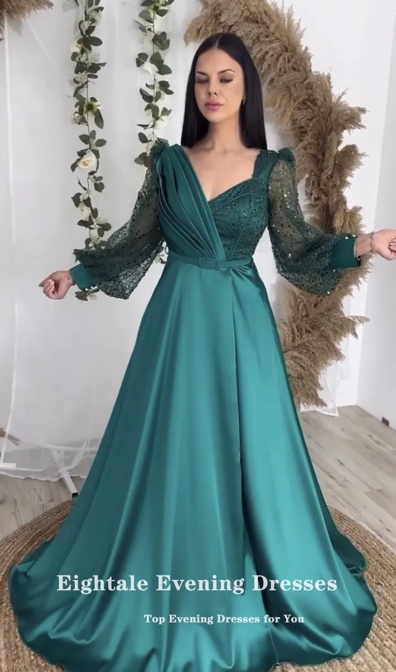 Eightale Emerald Green Evening Dress Glitter Sparkly Long Sleeves Customized Prom Party Gowns for Graduation abendkleid damen