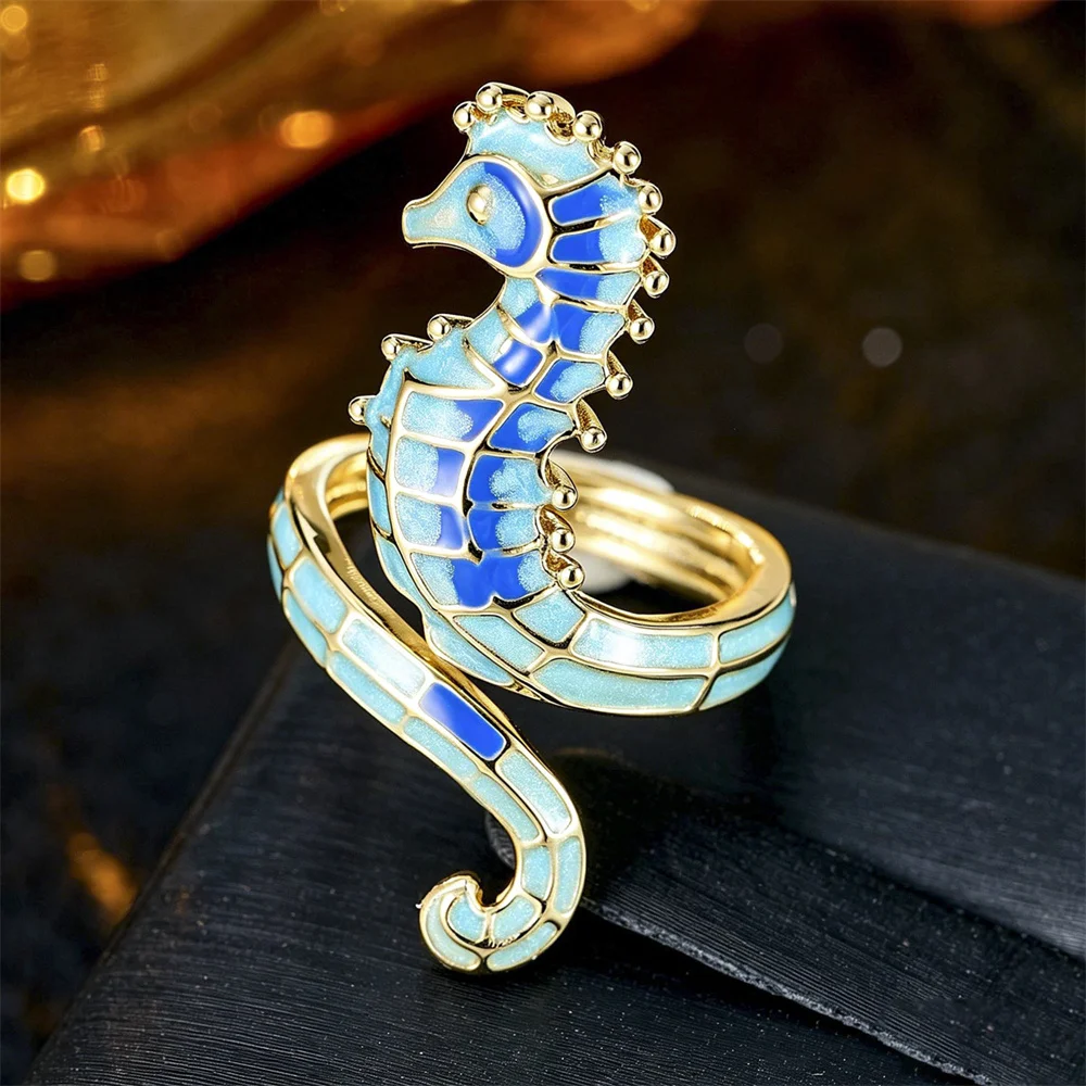 Cute Sea Horse Trendy Enamel Ocean Animal Open Rings For Women Vintage Gold Color Wedding Bands Engagement Promise Jewelry Gifts