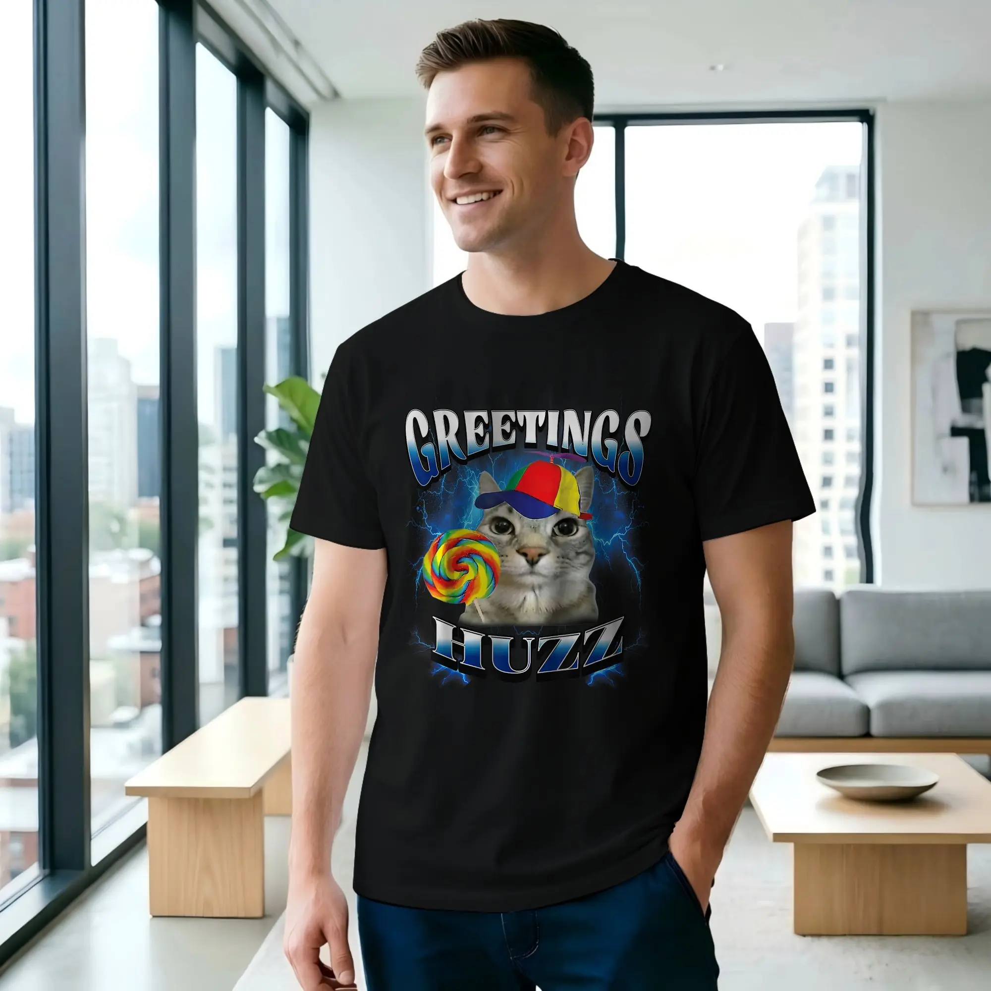Greetings Huzz Men T Shirts  Cat Awesome Tee Shirt Short Sleeve Crew Neck Cotton Printed Clothing T-Shirt