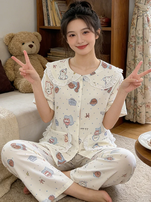 

Cloud Cotton Sweet Cartoon Short Sleeve Long Pants Sleepwear Women's Cute Home Clothes Spring Summer Casual Comfortable
