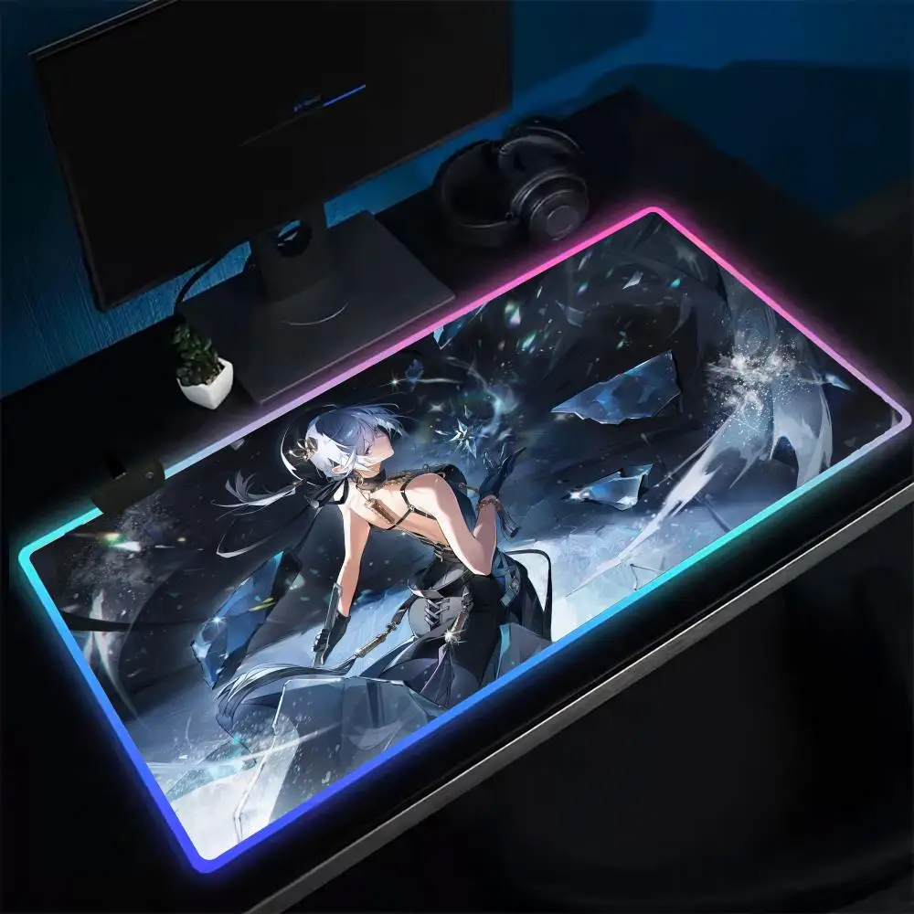 Cute W-Wuthering Waves Mouse Pad Anime Gaming Mouse Pad LED Table Pads Backlit Rubber Desktop XXL Mousepad RGB Desk Mats