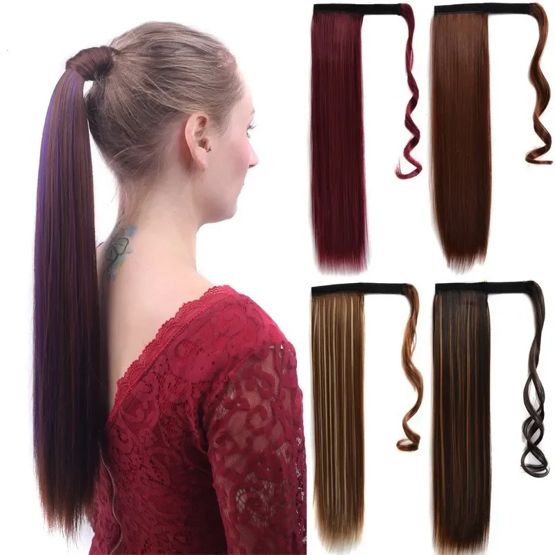 Synthetic Long Straight Wrap Around Clip In Ponytail Hair Extension Heat Reistan Pony Tail Fake Hair