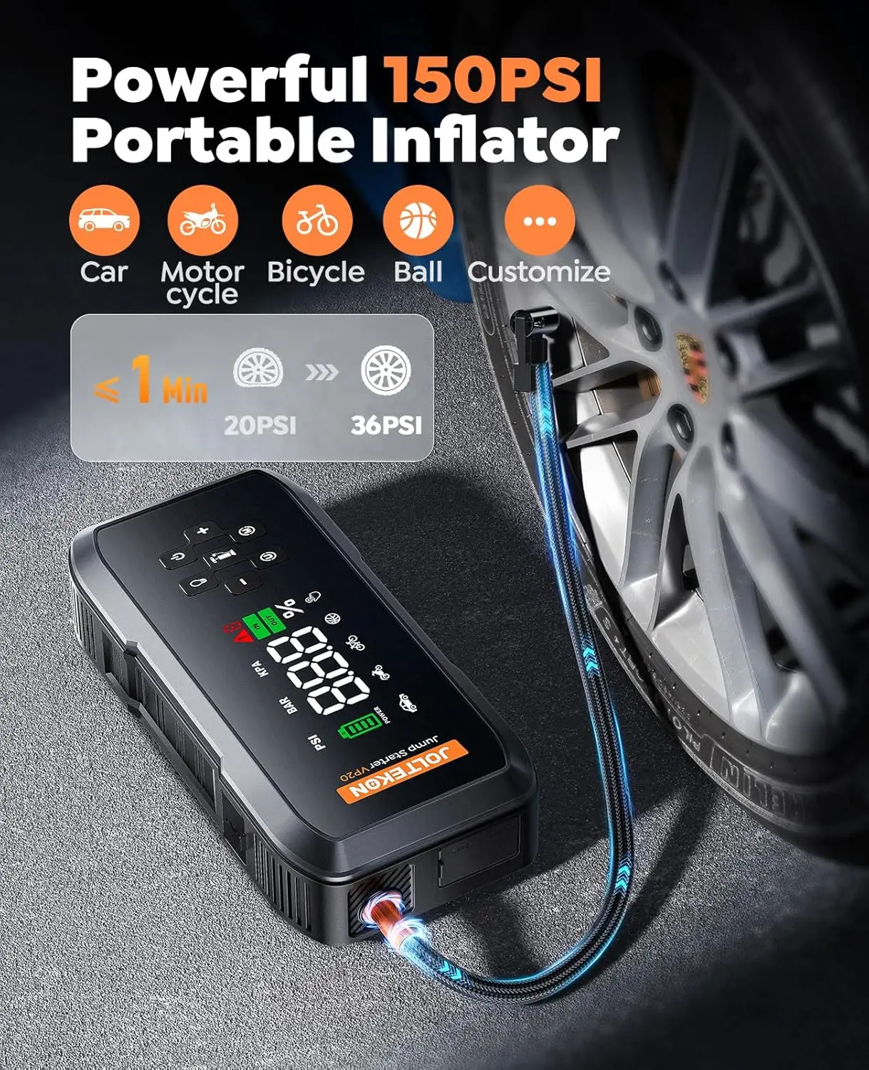 مشغل قفز السيارة 4500 أمبير مع ضاغط هواء 150 رطل لكل بوصة مربعة، صندوق قفز محمول 12 فولت، 10 حماية للسلامة