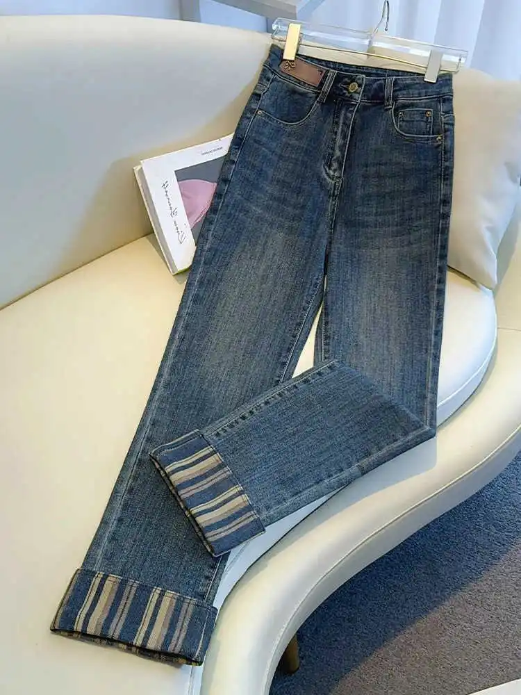 

Vintage Solid Color Striped Jeans American Style Spring Autumn Rolledup Pants High Waist Slimfit All Match Straightleg Pant