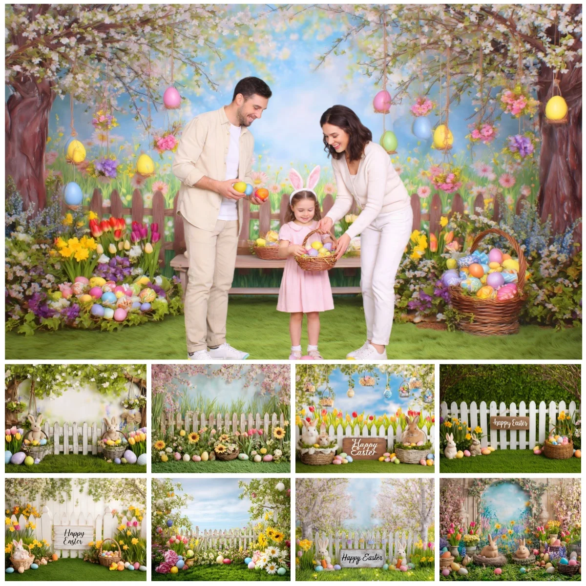Happy Easter Backgrounds For Photographs Eggs Bunny Basket Floral Tree Fence Spring Theme Family Portrait Celebration Backdrops