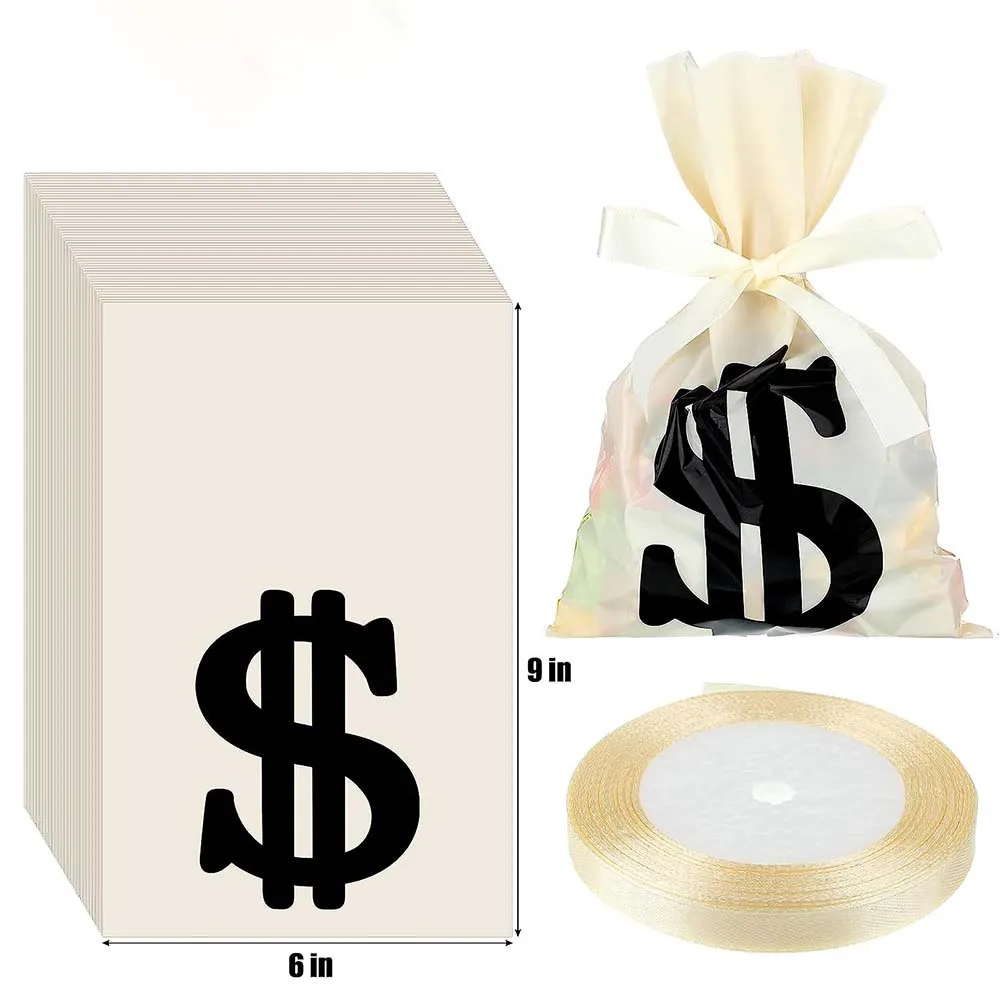 Money Treat Bags Dollar Candy Cellophane Bag Loot Bags Dollar Sign Sacks with Ribbon for Toy Party Favor Theme Party Supplies