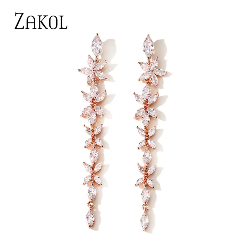 ZAKOL Fashion Cubic Zirconia Flower Long Dangle Earrings for Women Shining Rose Gold Color Bridal Wedding Engagement Jewelry