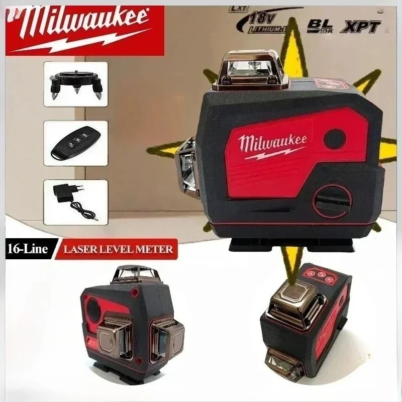 

Milwaukee 16 Lines Cross Laser Level Meter 360°Self-leveling Green Laser Levels 4 Sides Degree Vertical 3-4D With Remote Control