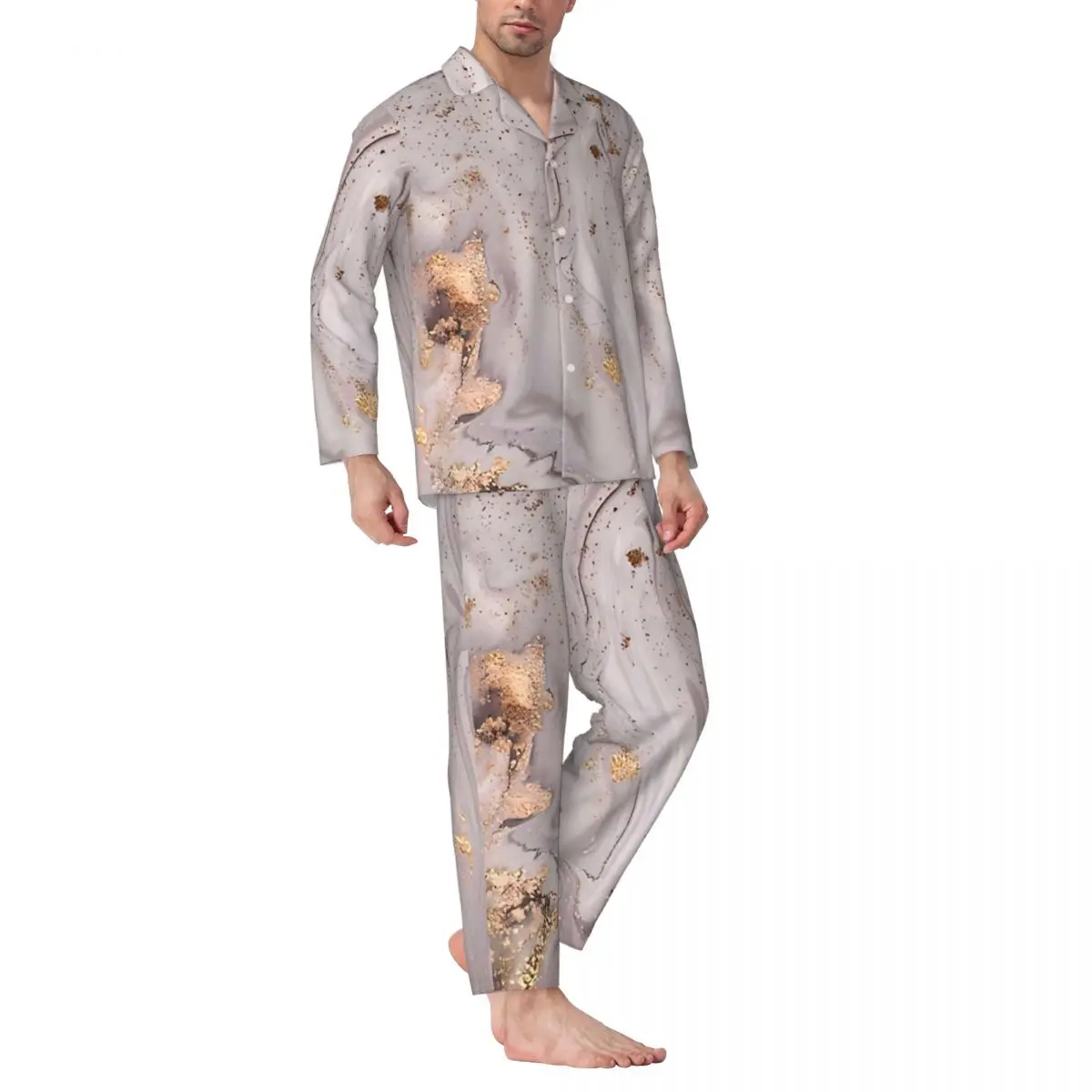 Pajamas Men Purple Gold Sparkle Marble Home Sleepwear Two Piece Vintage Pajama Set Long Sleeve Trendy Oversized Home Suit