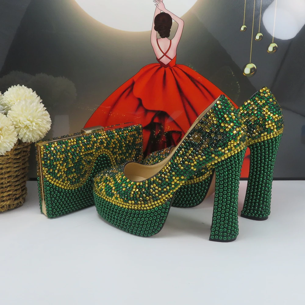 Women New arrival Green Pearl Crystal Girl\'s fashio Party shoes with matching bags Round toe High Pumps Platform shoes and Purse