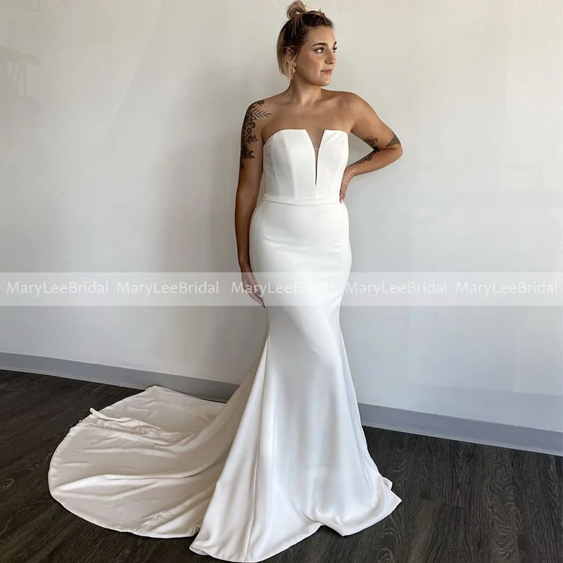 

White Simple Crepe Wedding Dress with Notched Straight Neckline 2023 Mermaid Bridal Gowns Zipper Buttons Back vestido de noiva