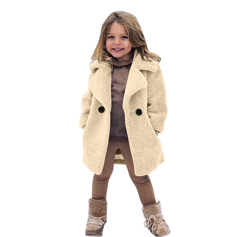 Girls Winter Warm Jackets Faux Fur Coats Kids Turndown Collar Outerwear Children Solid Colour Overcoat Casual Outer Clothing