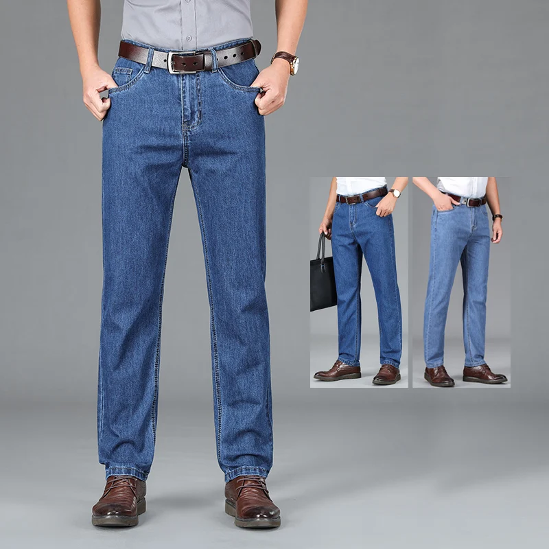 Brand Clothing Spring Summer 100% Cotton Men's Jeans Straight Loose High Waist Non-elastic Business Dad's Trouser Male Plus Size