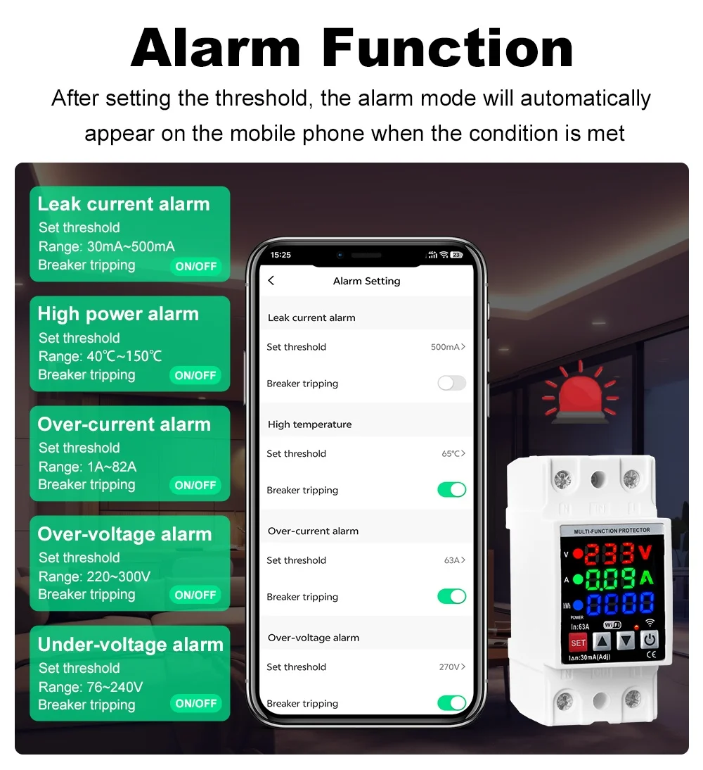 Smart Life WIFI 3in1 Circuit Breaker Switch Kwh Energy Metering Timer Voltage Current And Leakage Protection Remote Control