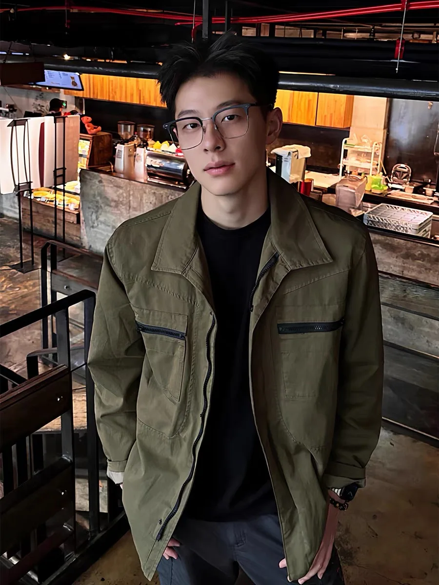 

Retro American Waed Folded Jaet Men's Casual Loose Collar Autumn Sli Outerwear Long Sve Zipper Pure Color