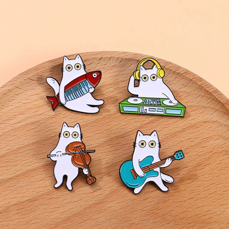 Bros Enamel musik lucu kucing earphone kucing biola Rock Fish Piano kartun kucing lencana Punk pakaian pin Lapel hadiah perhiasan