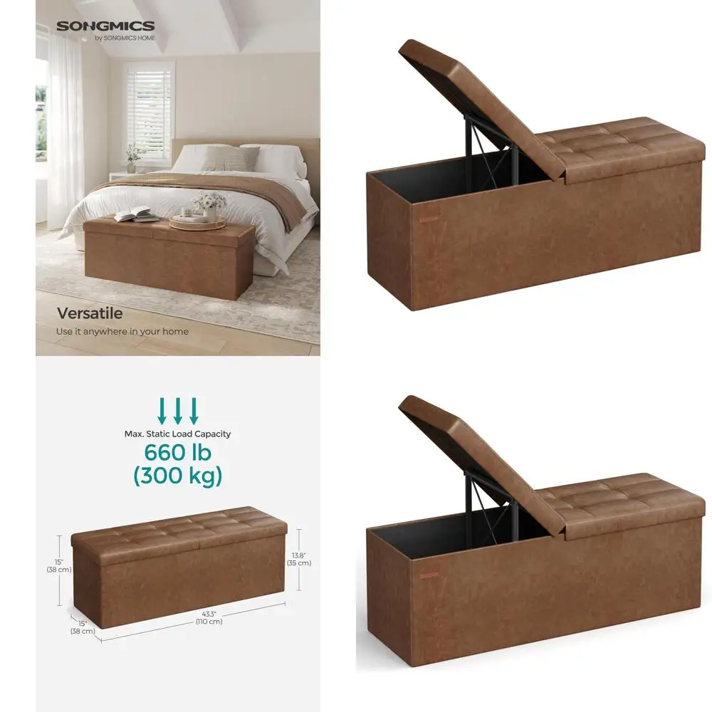 

43 Storage Ottoman with Flip Lid, Iron Frame, Holds 660 lbs, Synthetic Leather, Coffee Brown