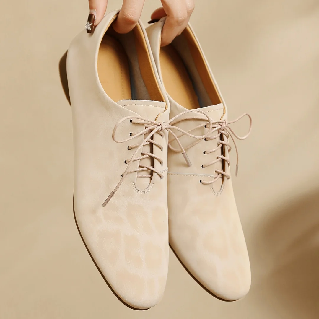 Women\'s leopard cow leather lace-up flats oxfords high quality soft comfortable female four season casual shoes for woman 2025