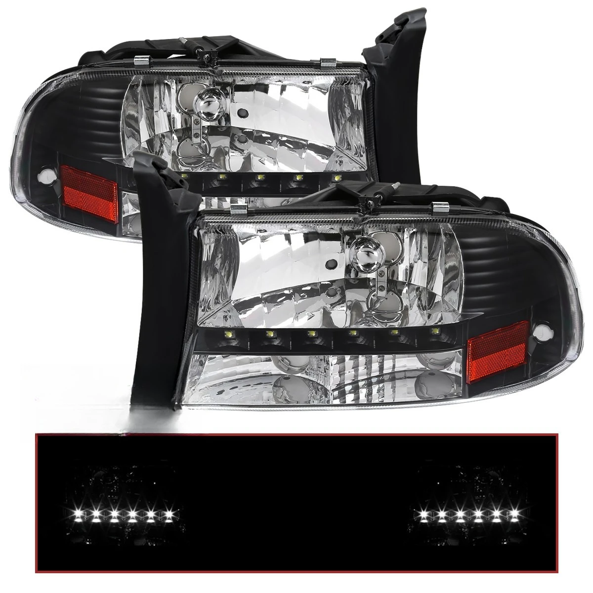 

Black Fits 1997-2004 Dodge Dakota 98-03 Durango LED Strip Headlights Headlamps