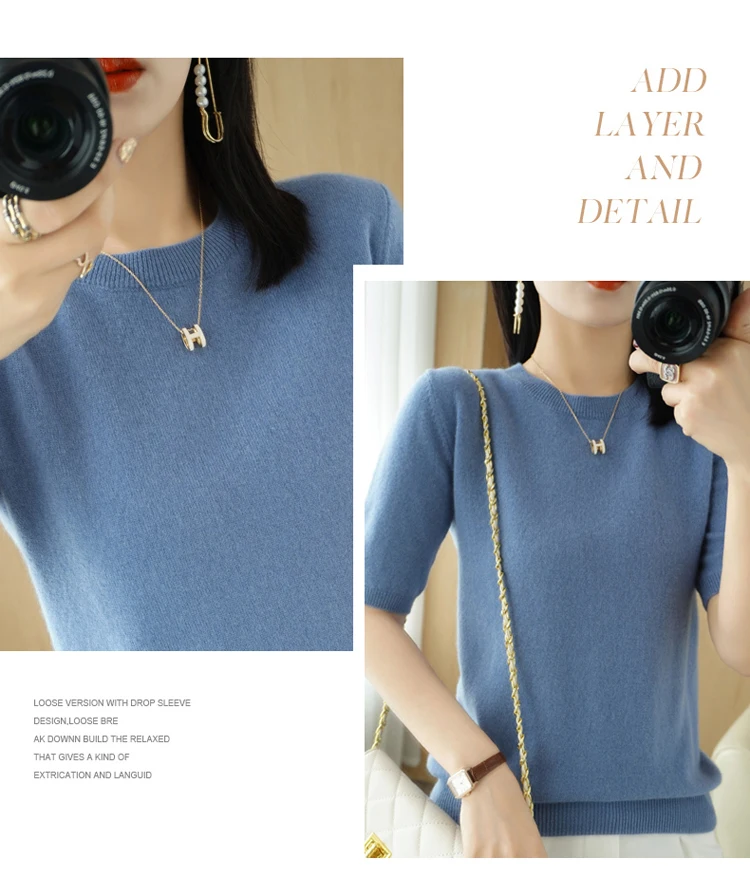 Spring 2022 New Women's O-Neck Short-Sleeved Exquisite Cashmere Sweater Pullover