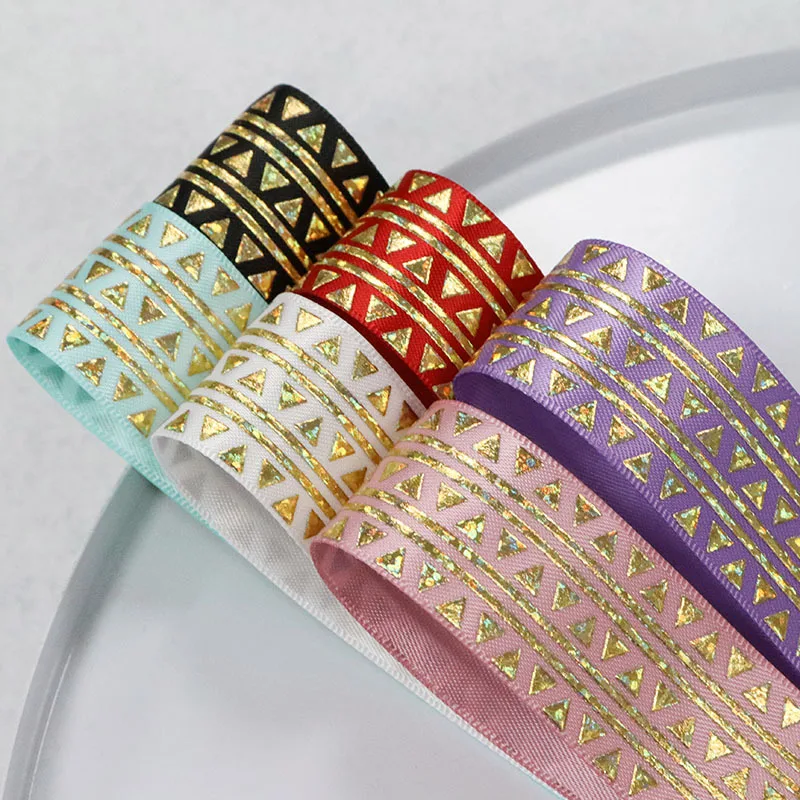 50Yards 25mm Hologram Gold Foil Geometric Triangle Aztec Satin Ribbon For DIY Badge Accessory