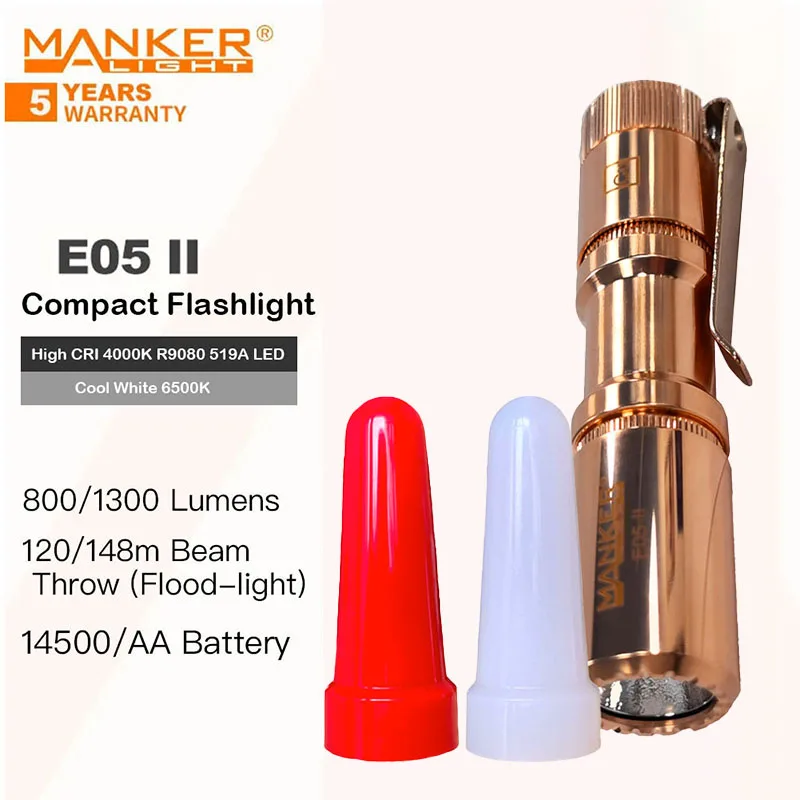 MANKER E05 II (Cool White Version, 6500K) Compact EDC Flashlight, High Density LED Emitter 1300 Lumens, 14500 or AA Battery