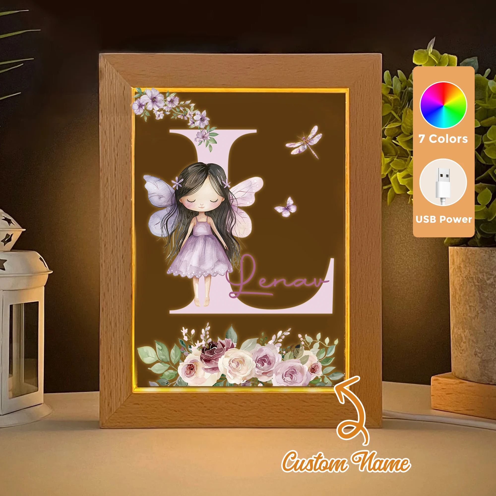 

2D Flat Custom Name Flower Girl LED Acrylic Night Light Wood Photo Frame 21x17cm Cartoon Children Bedroom Gifts Home Decor Gift
