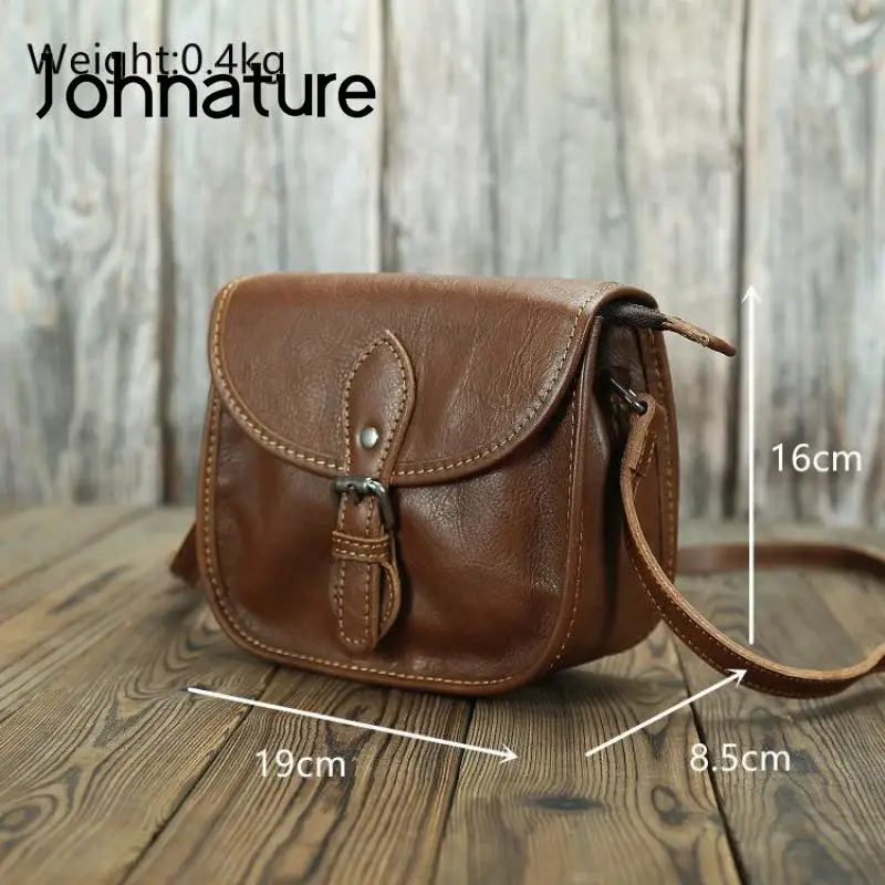 Johnature Vintage Natural Real Cow Leather Women Bag 2024 New Versatile Solid Color Soft Cowhide Small Square Shoulder Bags