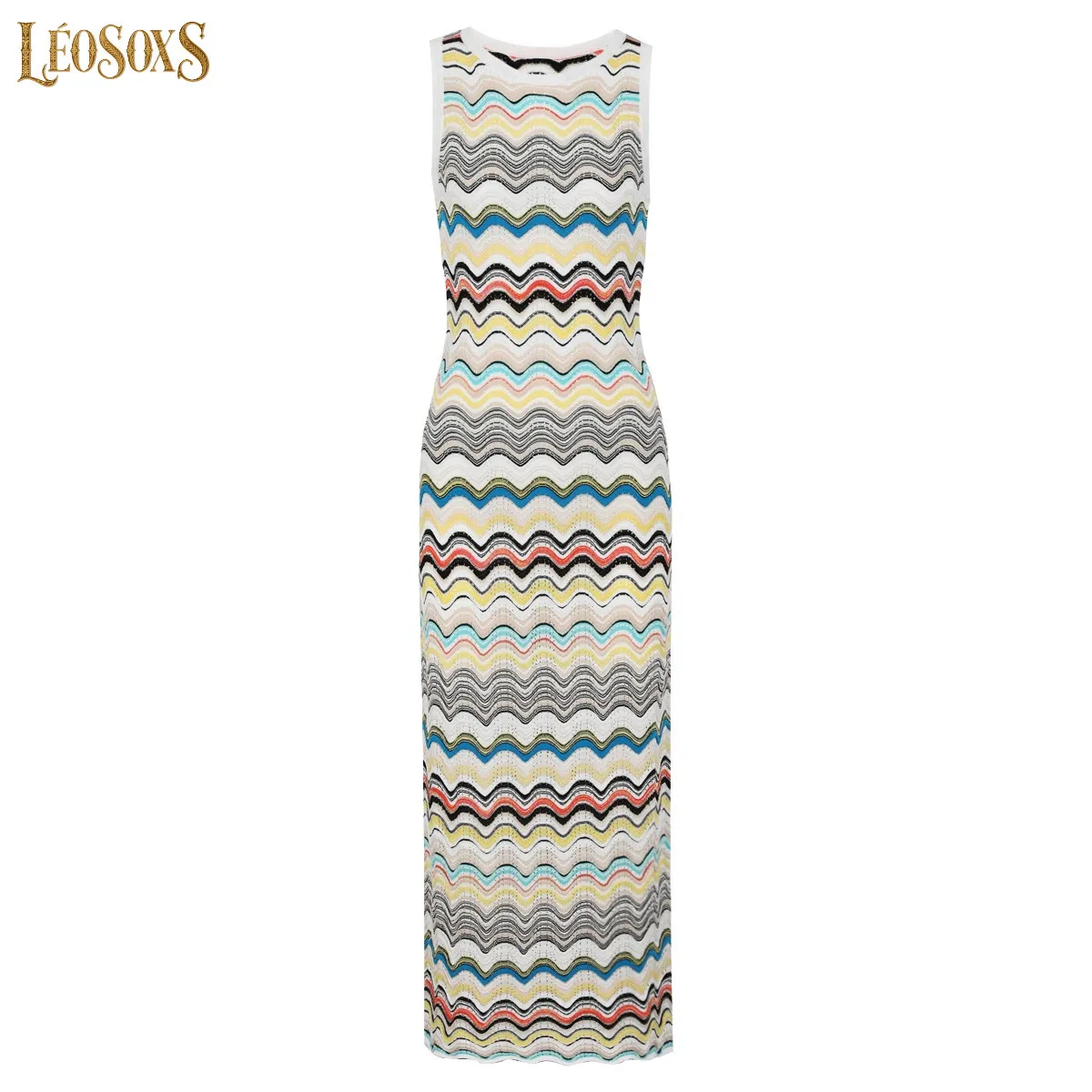 LEOSOXS Summer New HighEnd Knitted Round Neck Sleeveless Slim Fit Long Patterned Women Elegant Outfit Dress