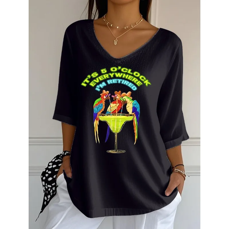 ilstile Women's Parrot Letter Print T-Shirts Summer 3/4 Sleeve Casual Loose T Shirt Chic Music Festival V Neck Tops Tees NEW