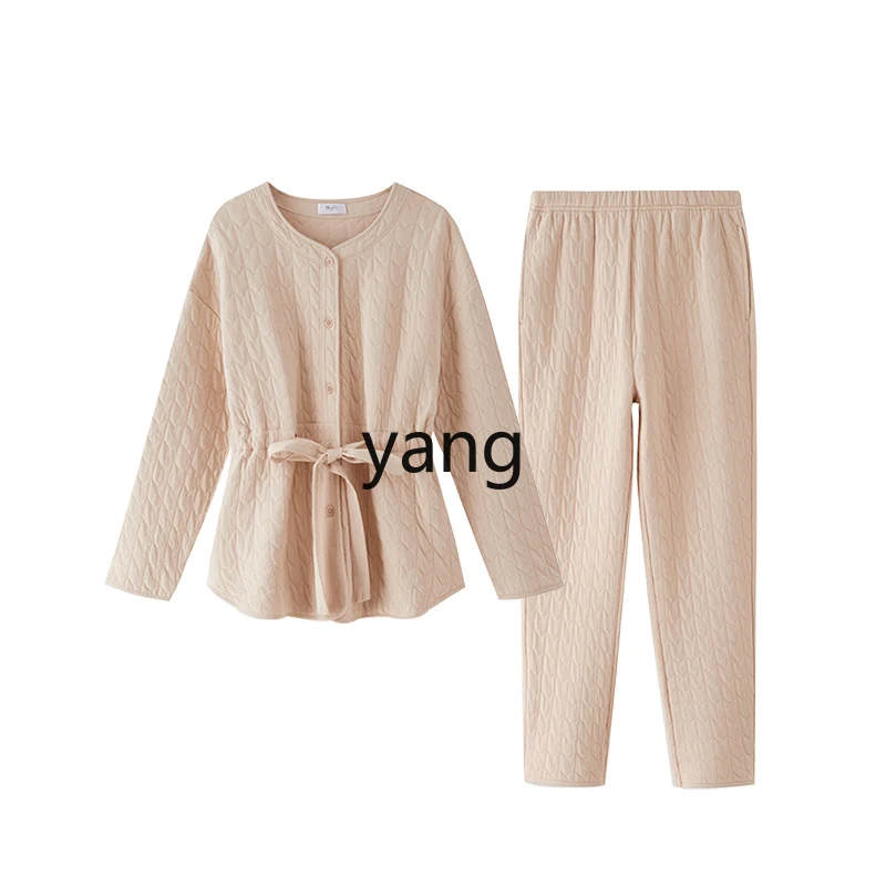 

LMM cotton knitted round neck pure cotton long sleeve lace-up pajamas cotton suit women