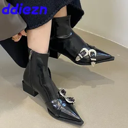 Footwear Designer Metal Buckle Ladies Short Stretch Boots Shoes Female Fashion Pointed Toe Women Ankle Boots With Low Heel Shoes