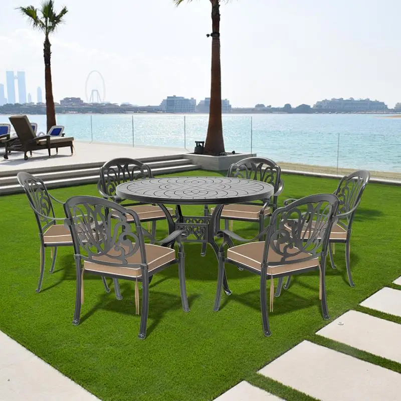 

7-Pc Cast Aluminum Patio Furniture Set w/ Brown Cushions for Outdoor Dining & Relaxation