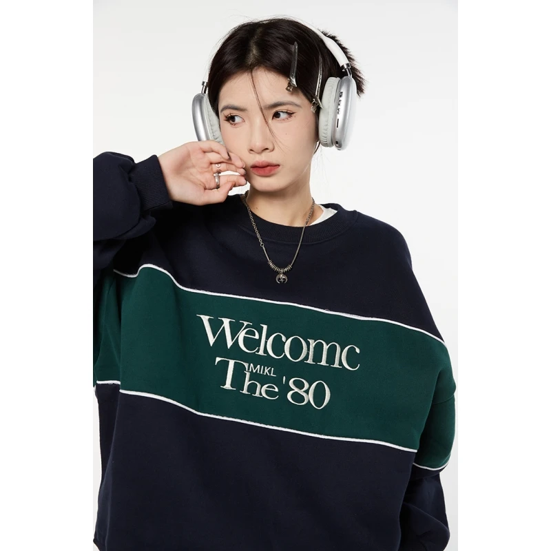 Vintage Dark Blue Plush Sweatshirt Letter Splicing Women Round Neck American Fashion Streetwear Lazy Wind Winter Female Pullover