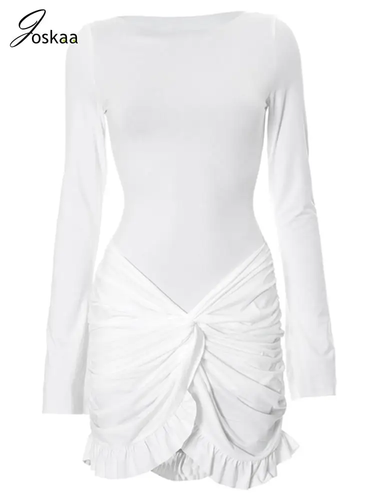 Joskaa Elegante Solido Increspato Orlo Irregolare Mini Vestito Delle Donne Sexy O-Collo Manica Lunga Body-Shaping Abiti 2025 Partito Clubwear