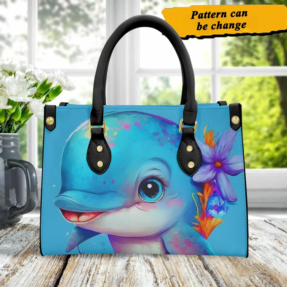 Bolso de mano con asa cruzada para mujer, bolsa de mano de piel sintética, con diseño de delfín de dibujos animados, portátil, de alta calidad, color azul