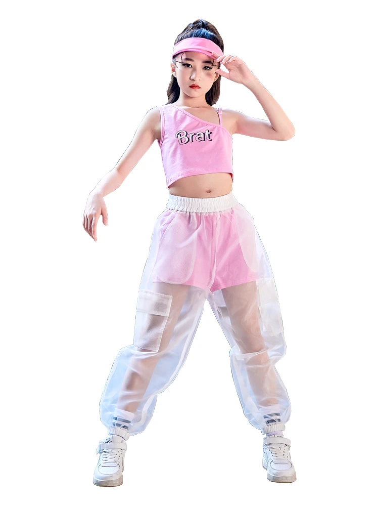 New Children Jazz Modern Dance Costume Kids Hip Hop Clothing For Girls Streetwear Vest Mesh Pants Outfits Rave Clothes DN11876