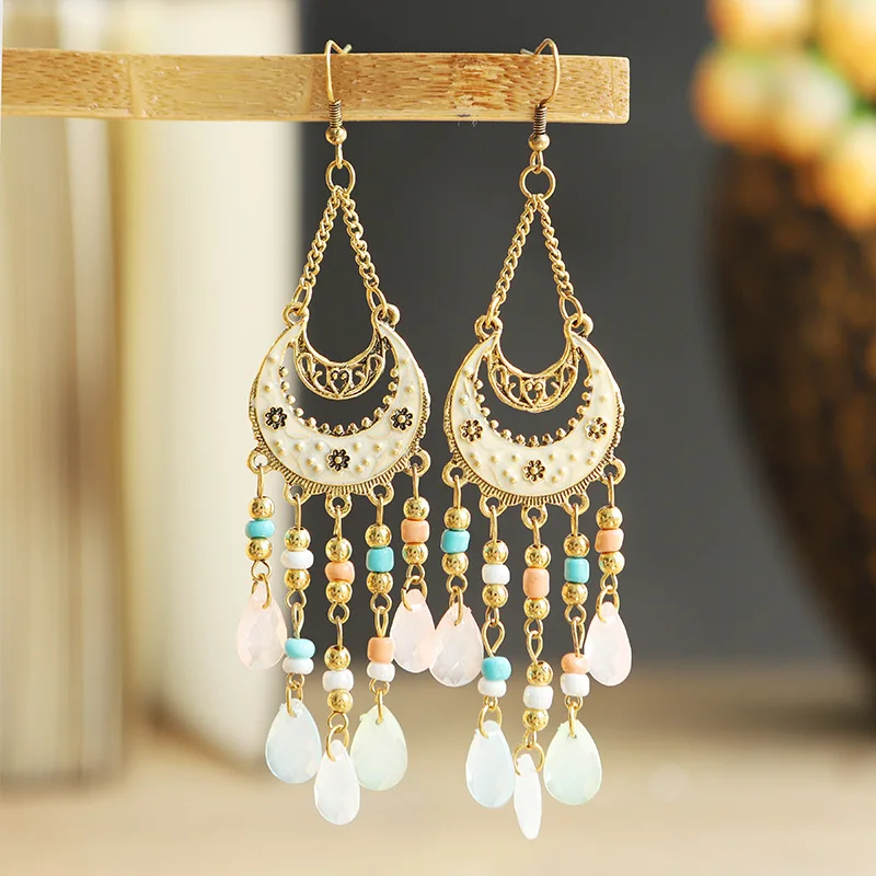 Bohemian Antik Gold Farbe Lange Wasser Tropfen Quaste Ohrringe für Frauen Vintage Bunte Geometrische Tropfen Baumeln Ohrringe Schmuck – Detail 23