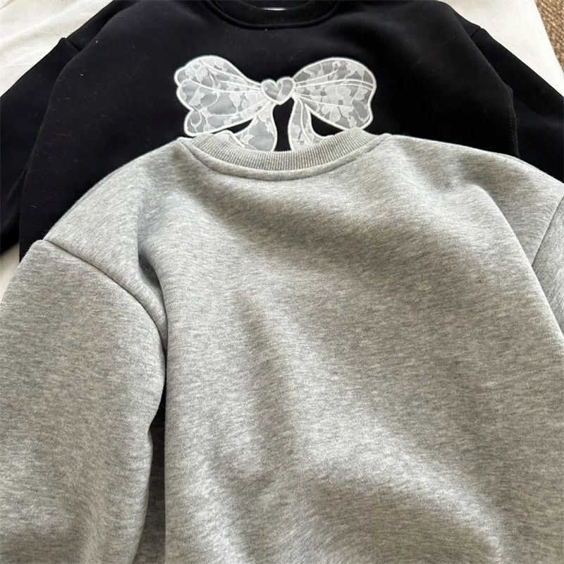 MILANCEL New Winter Kids Thicken Hoodie 1-6T Sweet Lace Bow Girls Pullover Korean Version Fleece Padded Children Clothes Tops